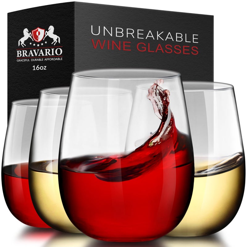 Bravario Unbreakable Stemless Plastic Wine Glasses | Reusable | Shatterproof 100% Tritan Plastic | Dishwasher-Safe | BPA-free | Awesome for Indoor & Outdoor | 16 oz, Set of 4 - Image 1